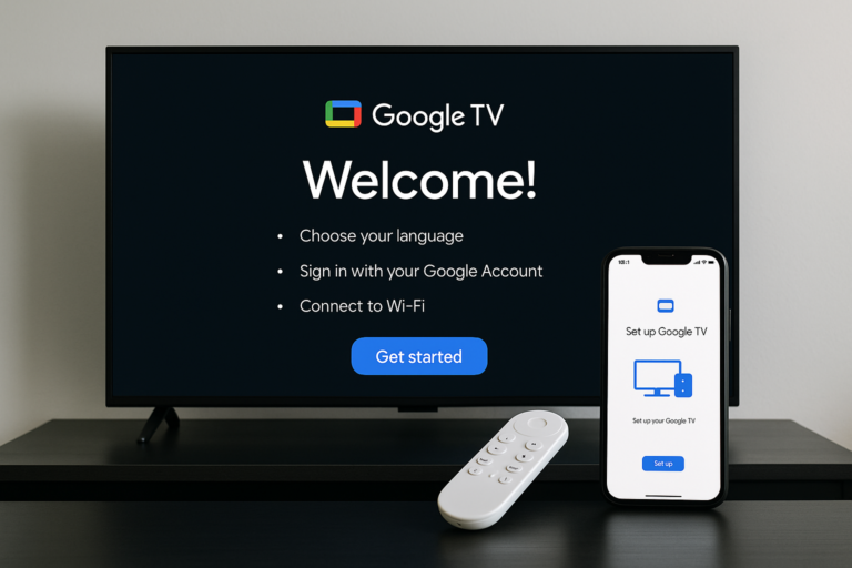 User-friendly Google TV setup screen with remote and smartphone