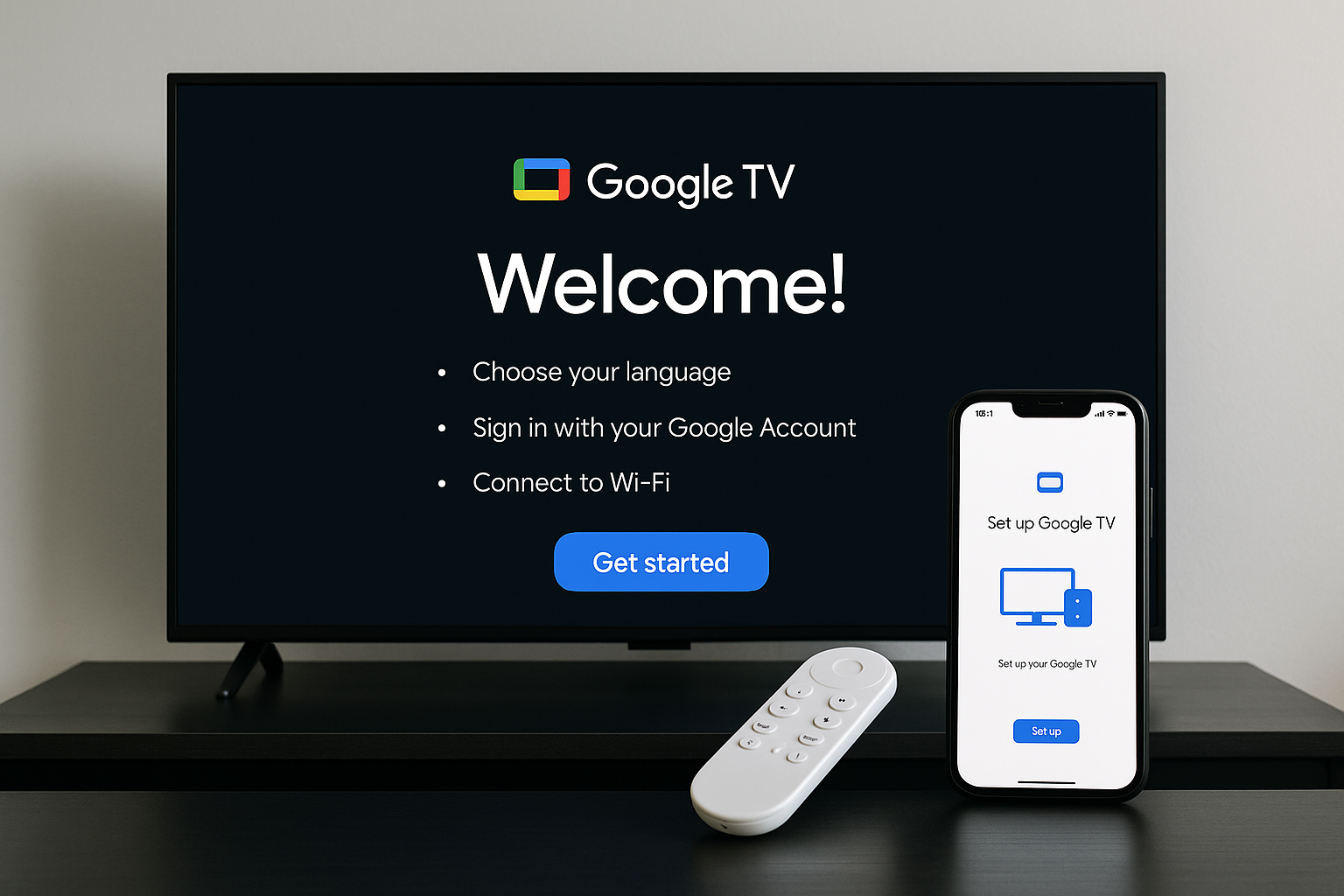 User-friendly Google TV setup screen with remote and smartphone