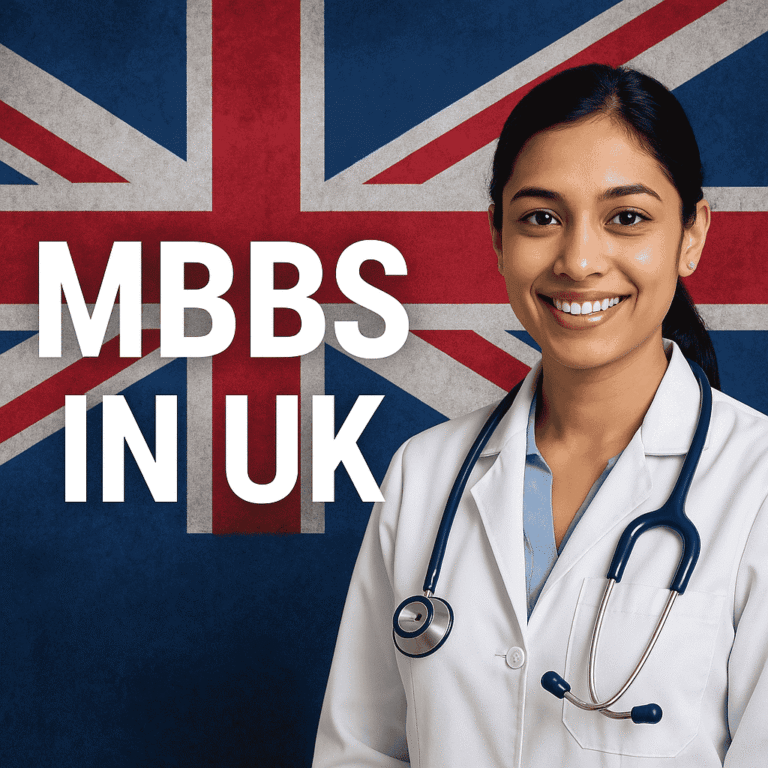 ndian medical student studying MBBS in the UK, standing in front of a university building with books and stethoscope, representing opportunities for international students in British medical universities.