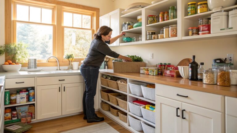 A woman organizes a well-lit kitchen pantry, placing items in upper cabinets and woven baskets on open shelves, with jars, canned goods, and dry food neatly arranged on the wooden countertop.