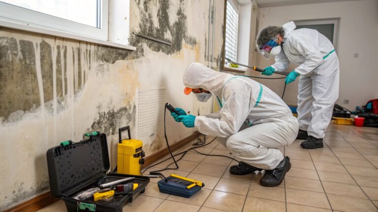 Two workers in protective suits and masks perform mold remediation on a heavily stained wall, using specialized tools and equipment for inspection and cleaning.