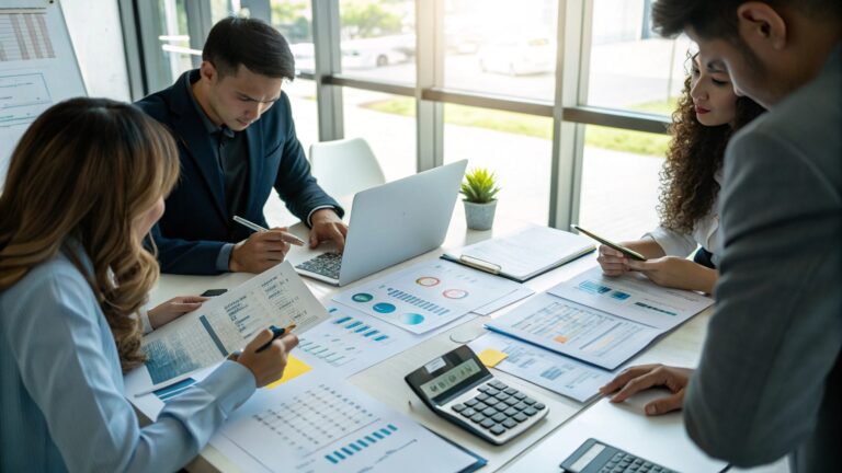 A group of business professionals sitting around a table reviewing financial charts, graphs, and reports, with laptops and calculators in use during a meeting.