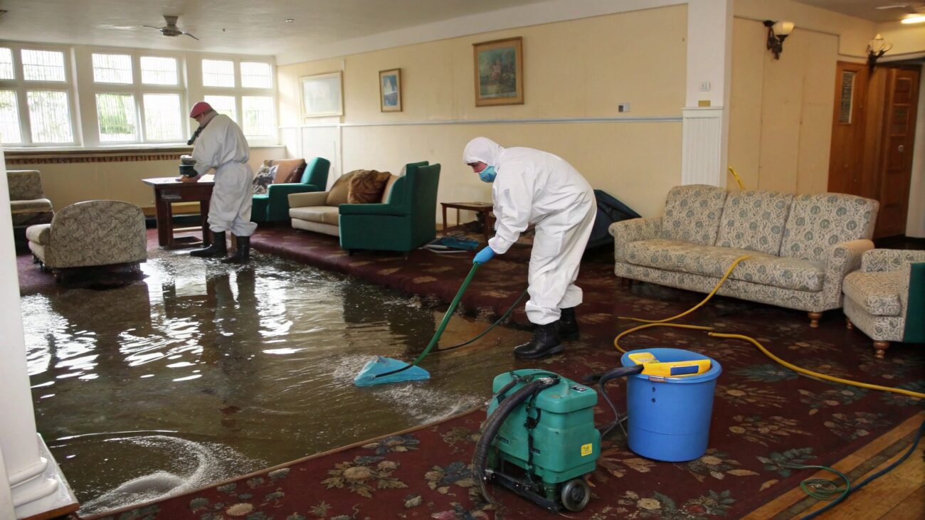 Workers in protective suits and masks use professional water extraction equipment to clean a flooded living room with standing water on the carpet and soaked furniture.