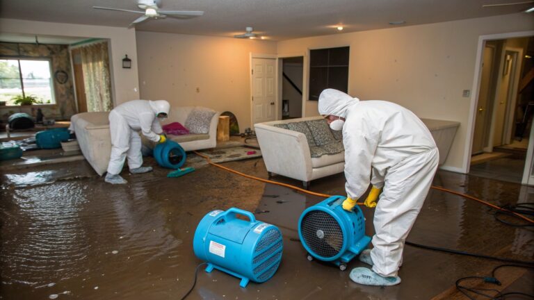 Two workers in protective white suits and masks set up industrial air movers to dry a flooded living room with standing water on the floor and soaked furniture.