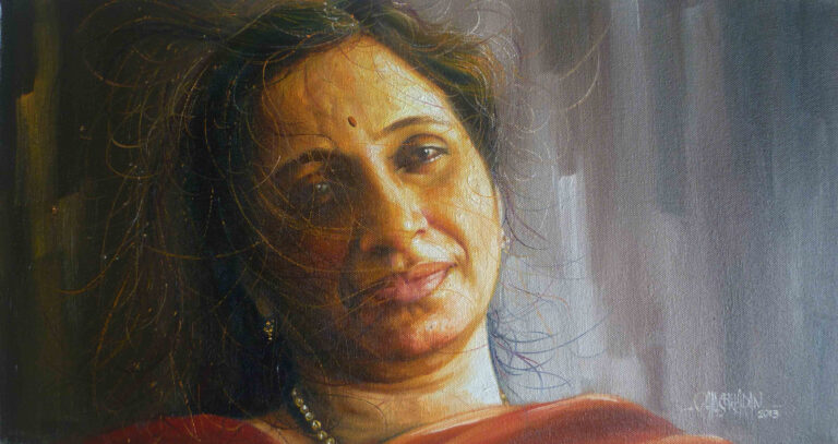 A realistic oil painting of a woman with expressive eyes and soft lighting, showcasing the skill and emotion of Portrait paintings in Lahore.