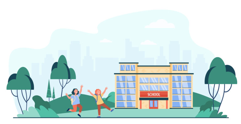 Happy kids running outside near school