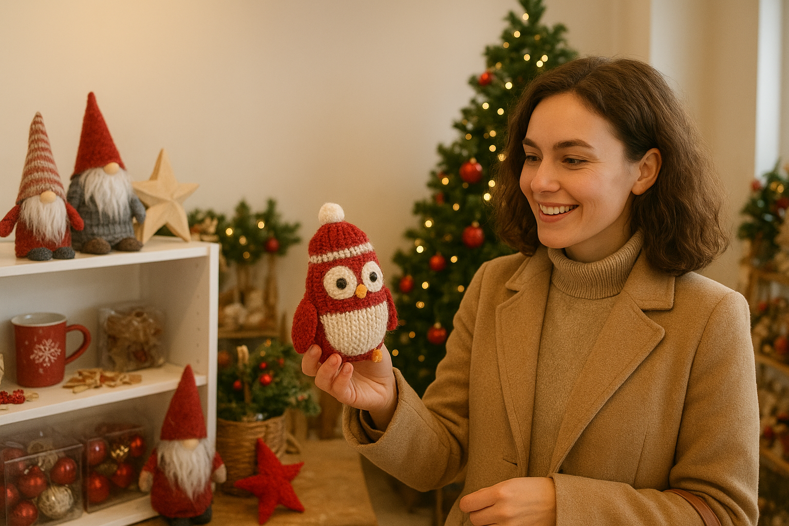 Nainen pitelee puna-valkoista neulottua pöllökoristetta jouluisessa myymälässä, taustalla kuusi ja joulukoristeita.