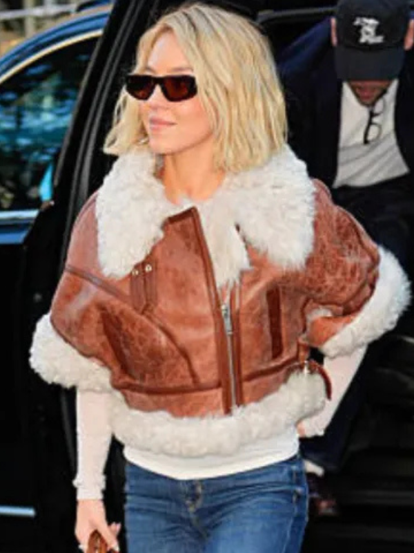 Sydney Sweeney New York City Cropped Shearling Brown Leather Zip-Up Jacket