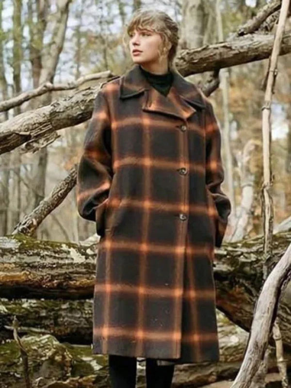 Taylor Swift Evermore Song Album Notched Lapel Oversized Brown, Black & Rust Wool-Blend Plaid Coat