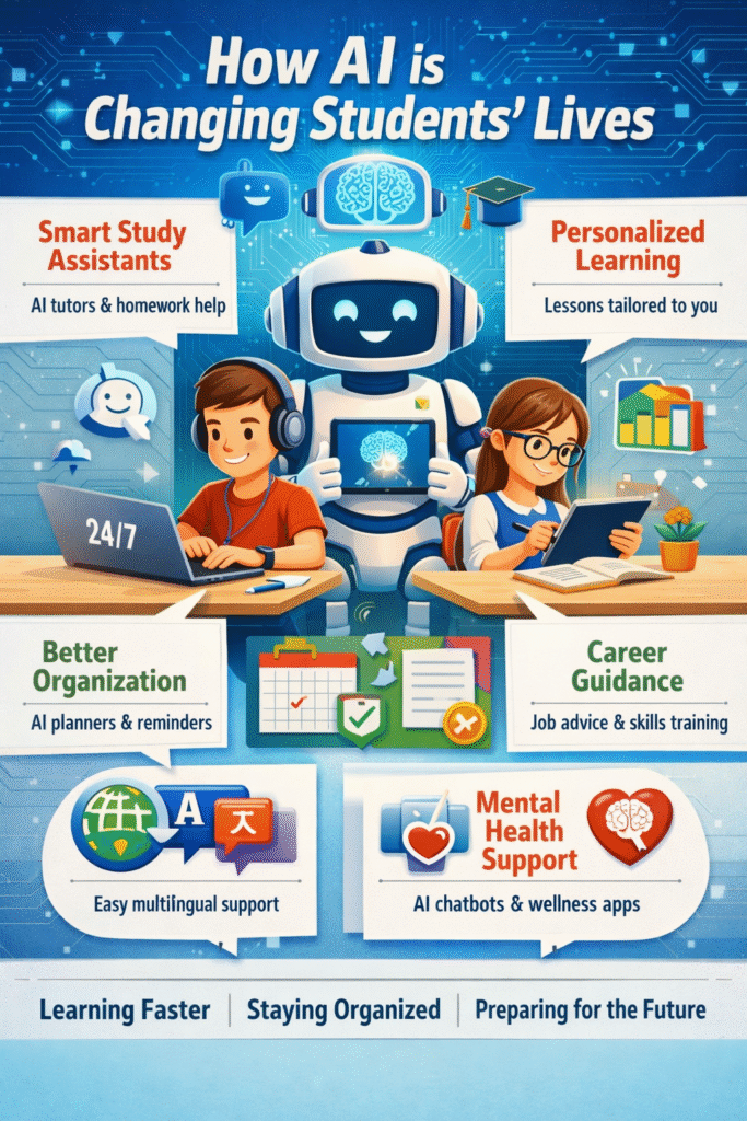 Colorful infographic titled “How AI is Changing Students’ Lives,” showing a friendly robot helping two students studying on laptops and tablets. The design highlights benefits of AI for students, including smart study assistants, personalized learning, better organization, career guidance, multilingual support, and mental health support, with icons and labels emphasizing faster learning, staying organized, and future preparation.