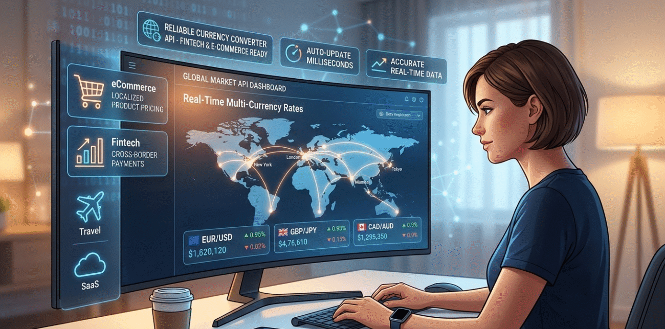 Developer using a real-time currency API dashboard to access global exchange rate data for fintech, ecommerce, and SaaS applications.