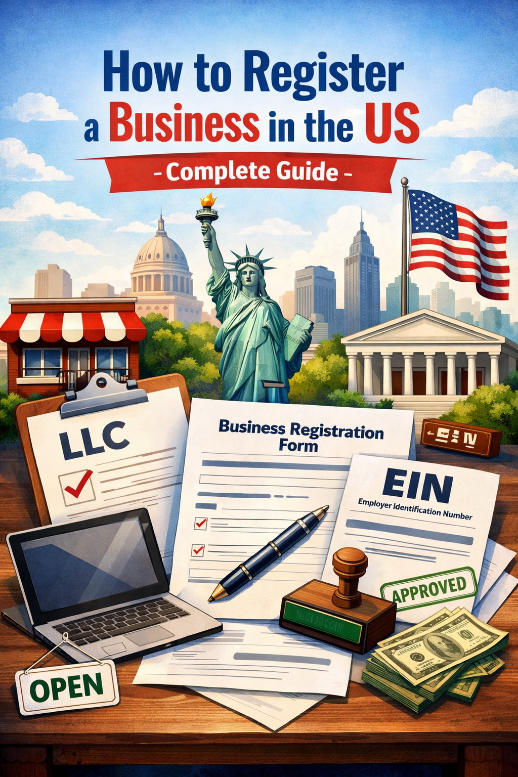 Illustration showing how to register a business in the US with documents like LLC registration form, EIN paperwork, laptop, approval stamp, US flag, and the Statue of Liberty representing business setup in America.