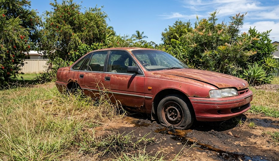 A rusty and abandoned red sedan, sitting flat-tired in a overgrown backyard on muddy ground.
