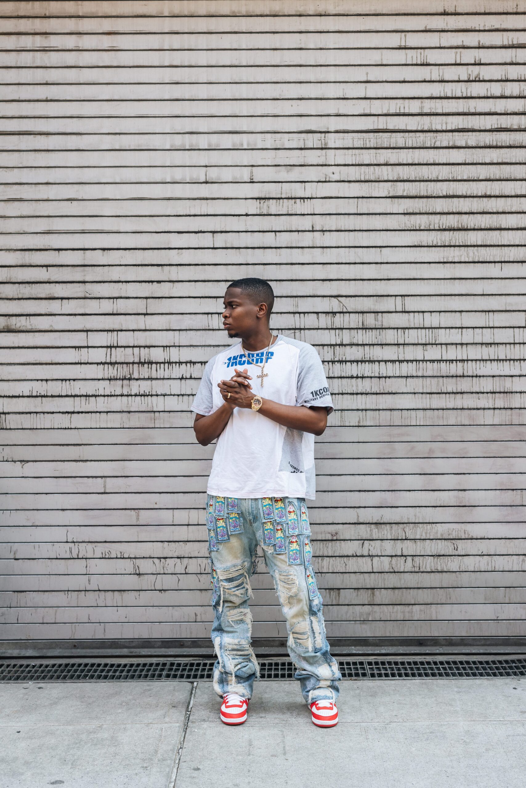 Modern Street Outfit with Who Decides War Patch Jeans