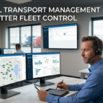 Fleet manager in a modern logistics center uses dual monitors to track vehicles. Semi-truck is visible outside the window.