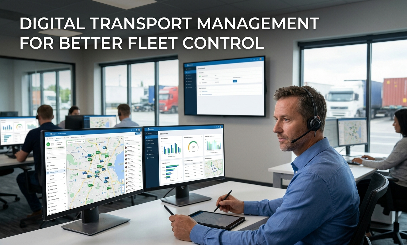 Fleet manager in a modern logistics center uses dual monitors to track vehicles. Semi-truck is visible outside the window.